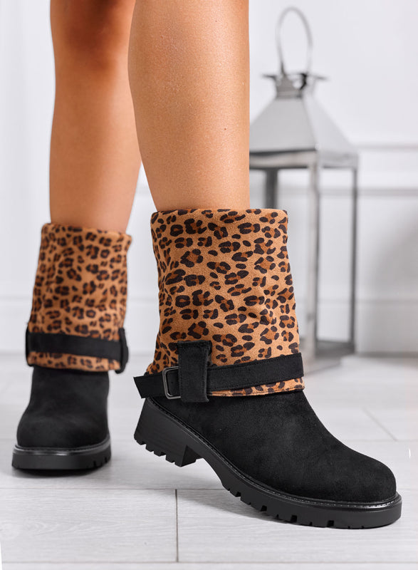 INGRID - Black suede ankle boots with leopard-print cuff