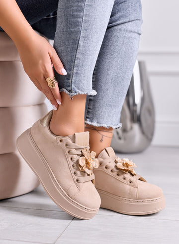 IVON - Sneakers platform beige con Fiore Decorativo