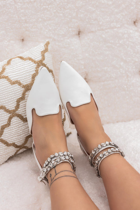 JACKLYN - White faux leather ballet flats with jewelled ankle strap