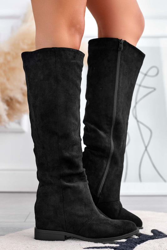 JANELLE - Black suede boots with internal wedge