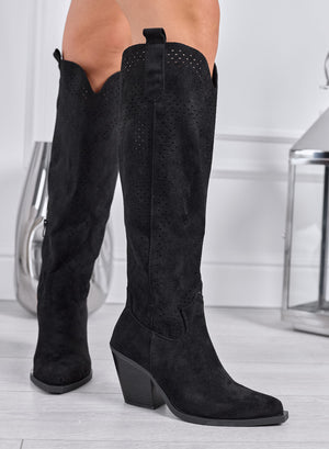 JANINE - Black Perforated High Texan Boots with Medium Heel