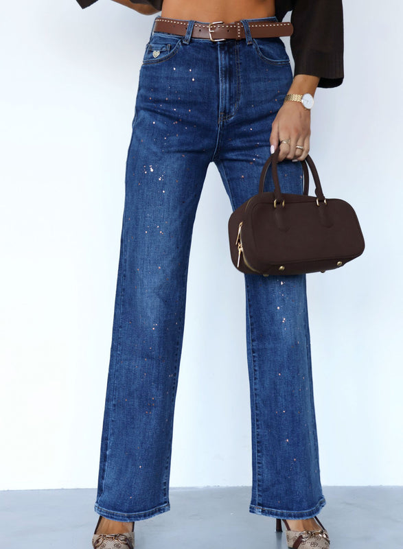 Women's straight-leg blue jeans with sparkling glitter details