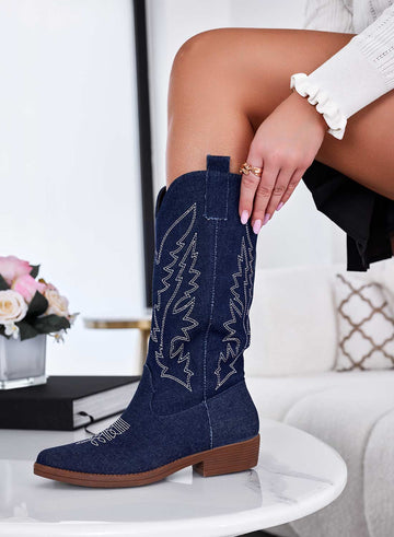 JENNIE - Bottines camperos bleu jean avec broderie