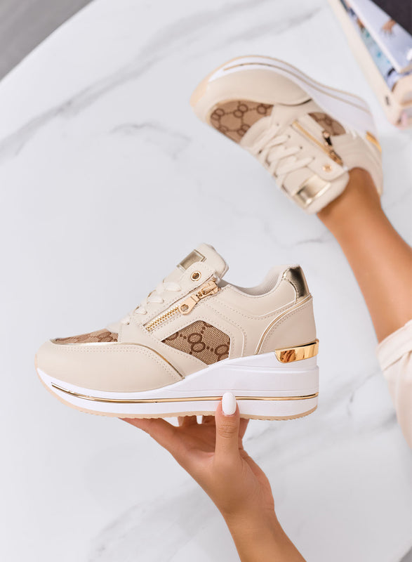 JERSEY - Beige sneakers with gold zip and monogram inserts