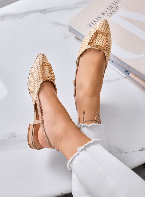 JONES - Beige slingback ballet flats with V-shaped toe and jeweled buckle