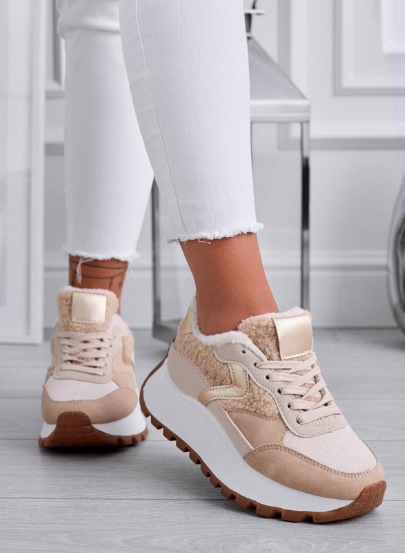 JORAS - Beige sneakers with faux fur inserts