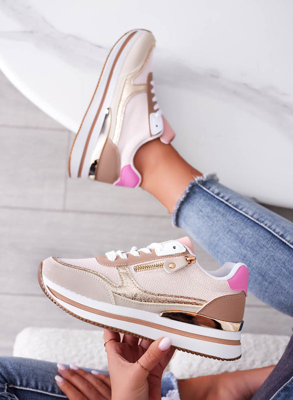 JOYCE - Beige sneakers with contrasting panels and side zip