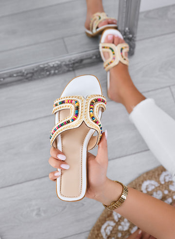 KARMEN - White sandals Flat slippers with multicolor beads and golden details