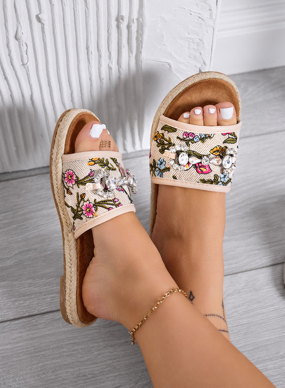 KATIA - Beige sandals Slippers with floral print and jeweled stones