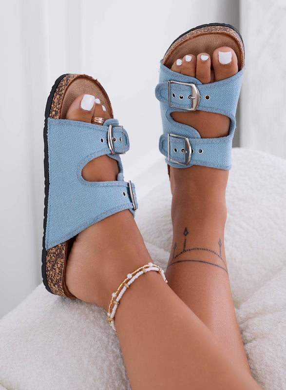 KETTY - Blue fabric sandals slippers with buckles