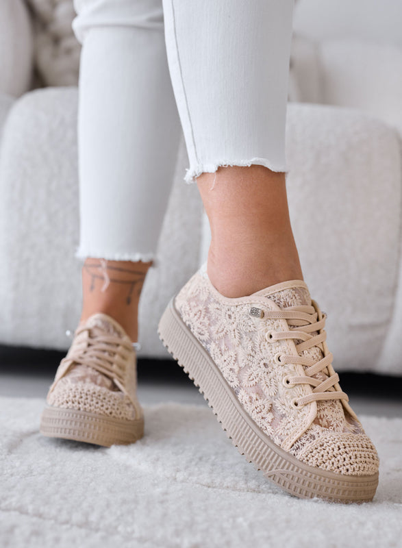KISHA - Baskets couleur boue en dentelle avec effet transparent