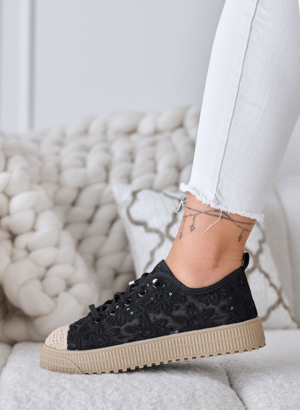 KISHA - Baskets noires en dentelle avec effet transparent
