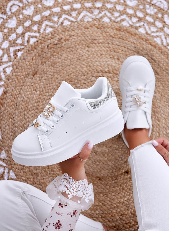 LAURA - White sneakers with jewel application and silver rhinestone back