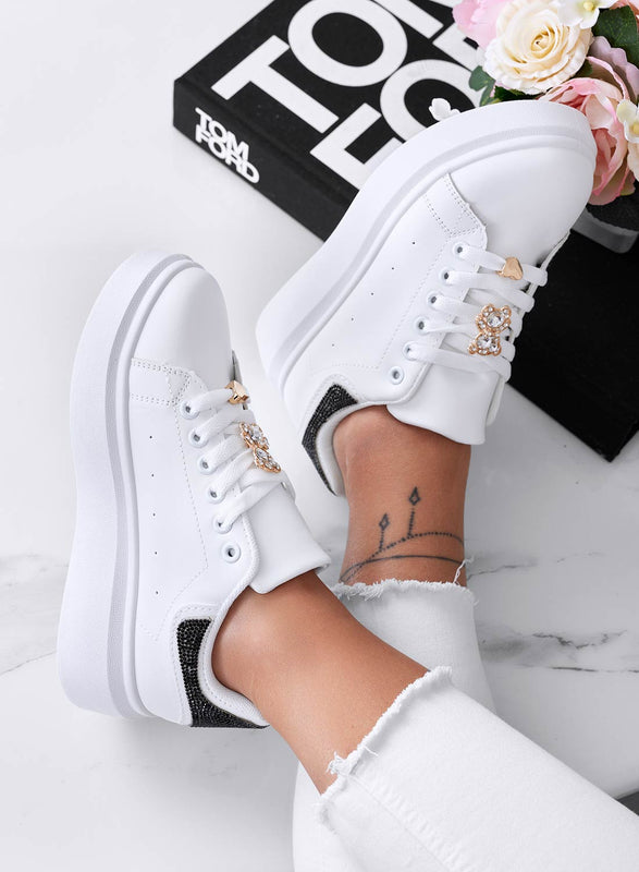 LAURA - White sneakers with jewel application and black rhinestone back