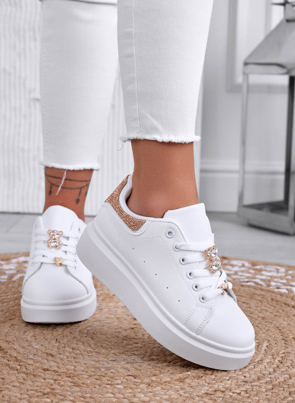 LAURA - White sneakers with jewel application and rose gold rhinestone back