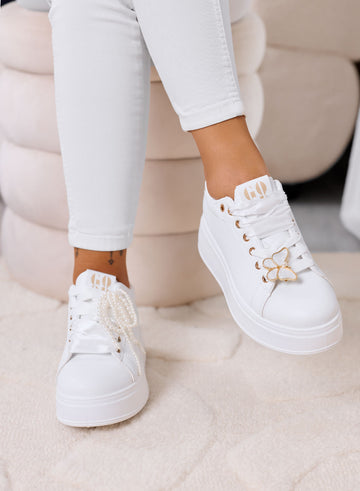 LAURA - White platform sneakers with laces and jewel details