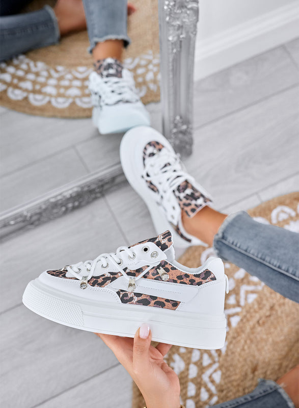 LESTER – White platform sneakers with leopard animal print details