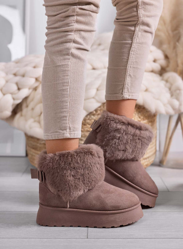 LIAA - Brown ankle boots for women, padded with soft faux fur