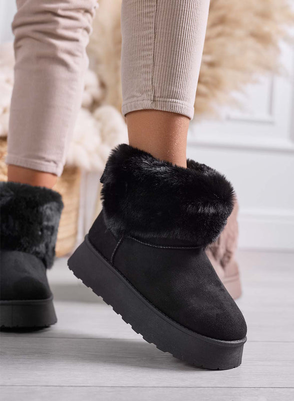 LIAA - Black ankle boots for women, padded with soft faux fur