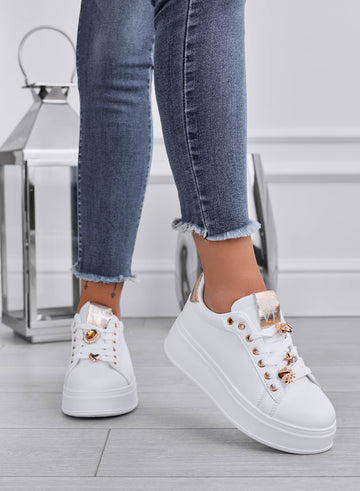 LIANA - Zapatillas blancas y doradas con suela gruesa y mariquitas joya