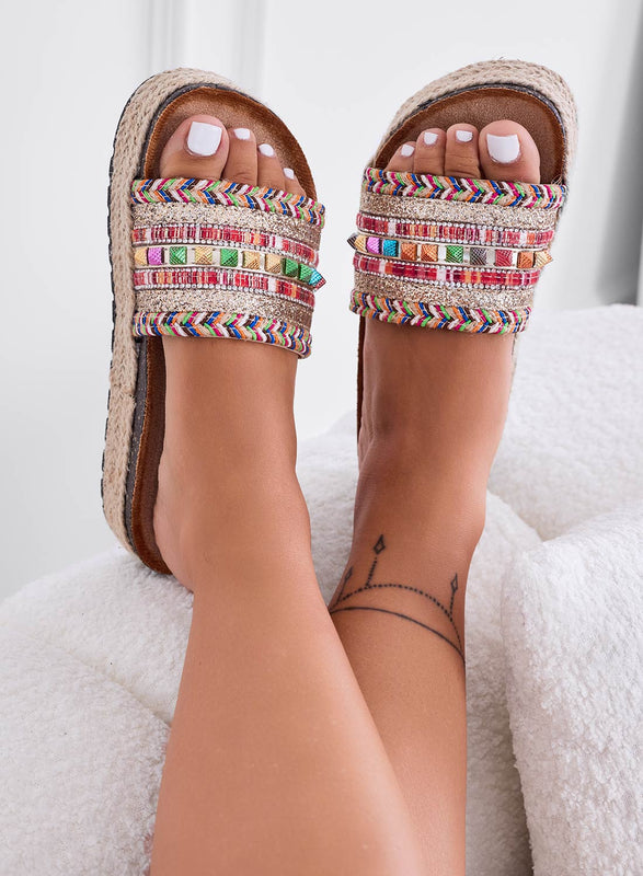 LIARS - Beige slipper sandals with wedge and multicolor studs