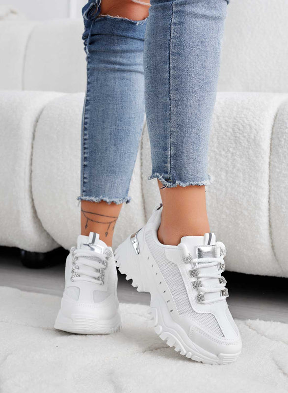 LIBBY - White fabric sneakers with silver and rhinestone inserts