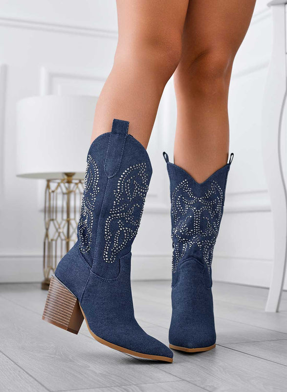 Bottes camperos bleu jean avec strass