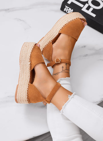 LICIA - Espadrillas camel platform con cinturino alla caviglia