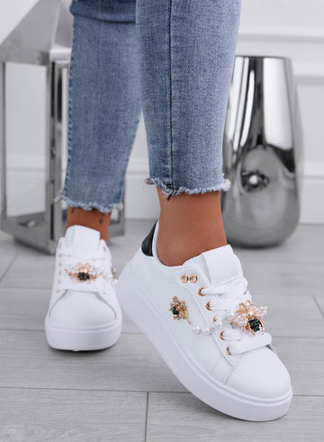 LILIANA - White sneakers with black heel and jeweled bee embellishment