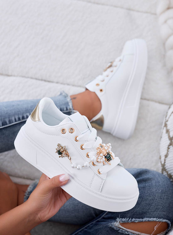 LILIANA - White sneakers with gold back and jewel bee application