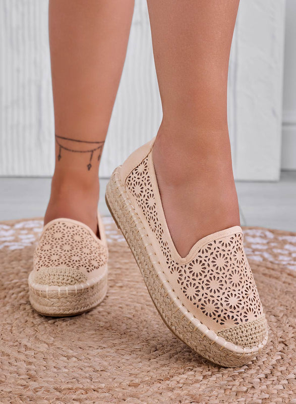 LILY - Beige embroidered espadrilles with wedge