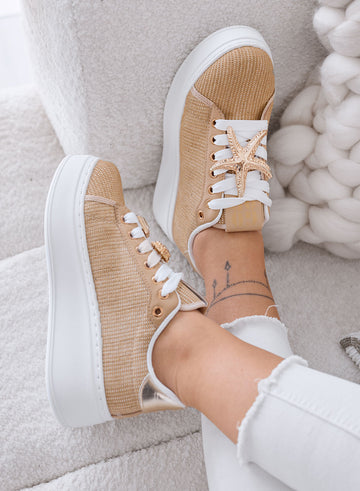 LINDA - Beige sneakers with gold jewel embellishments and platform sole