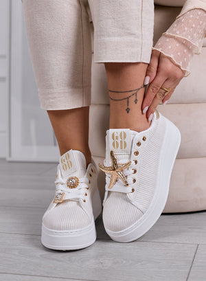 LINDA - White sneakers with gold jewel embellishments and platform sole