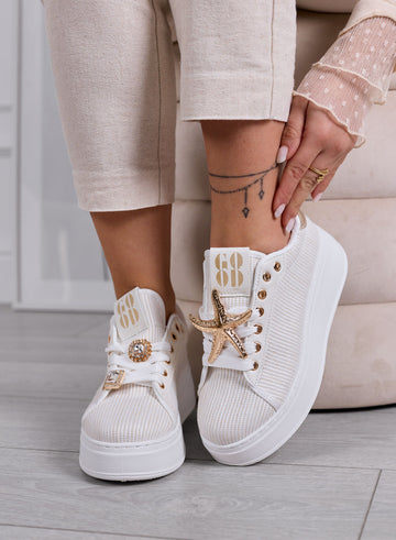 LINDA - White sneakers with gold jewel embellishments and platform sole