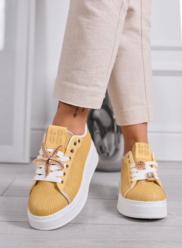 LINDA - Yellow sneakers with gold jewel embellishments and platform sole