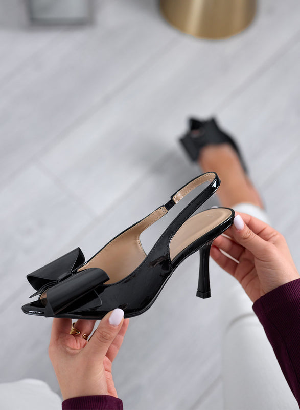 LISA - Décolleté Slingback Nere in Vernice con Fiocco e Tacco