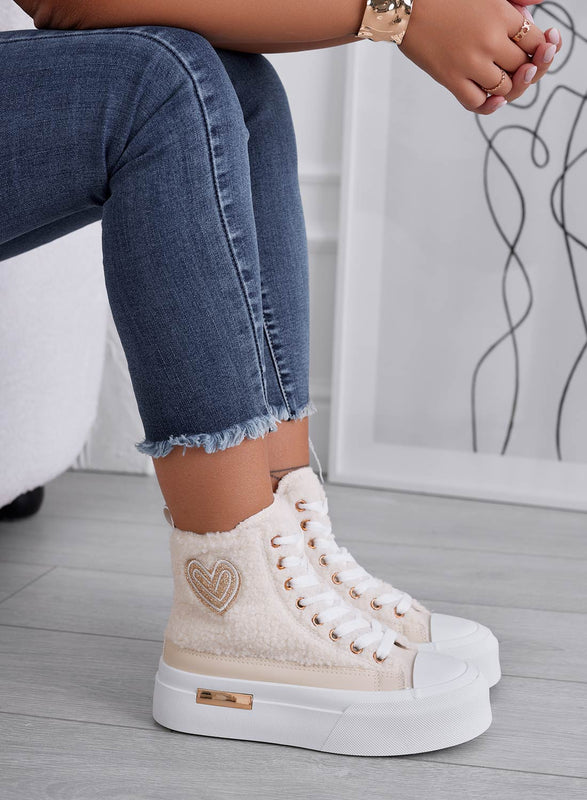 Beige high-top sneakers in faux fur with gold heart