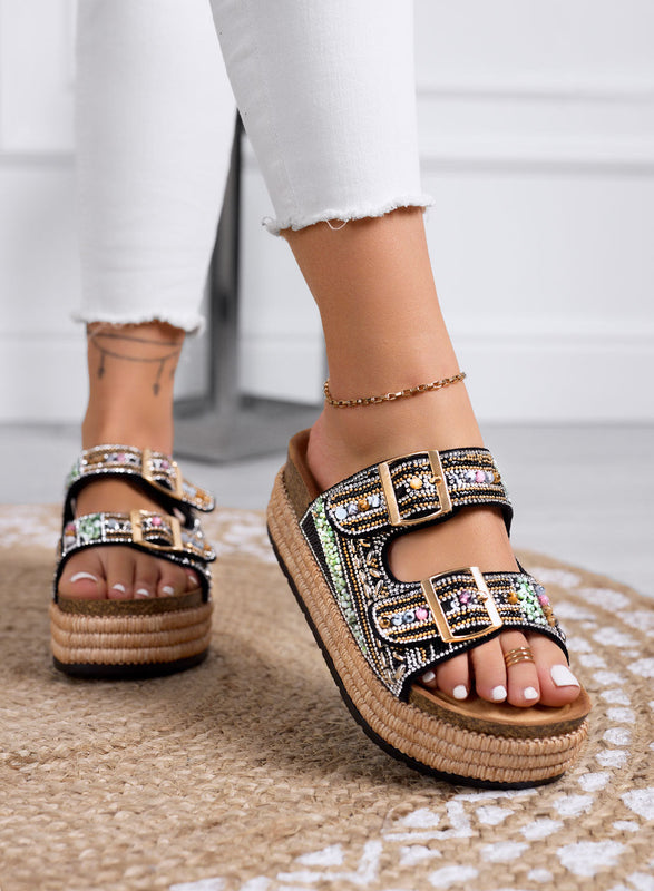 LOGAN - Black Platform Sandals with Colorful Beads and Rhinestones