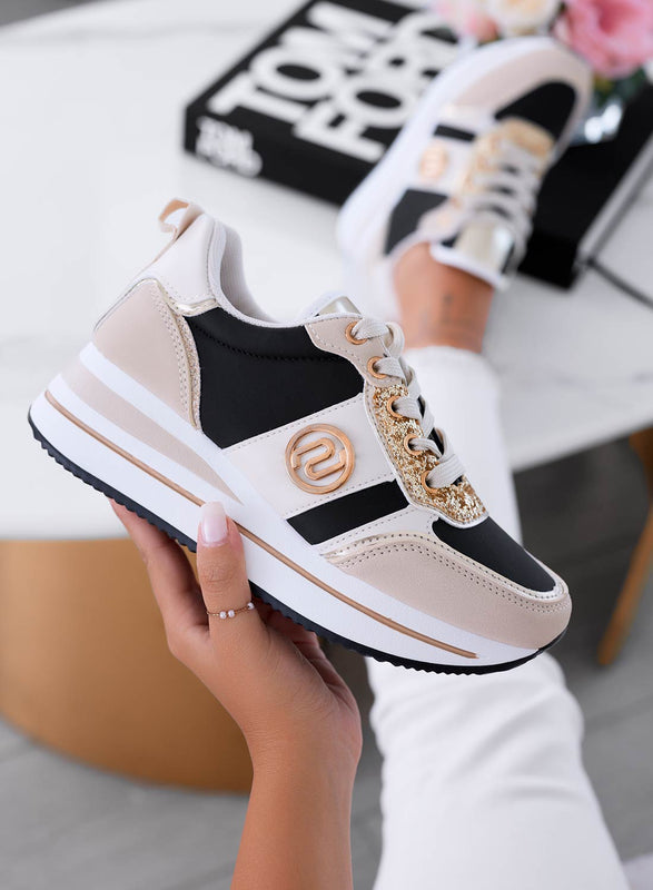 LOPEZ - Beige sneakers with black contrasting panels and gold glitter