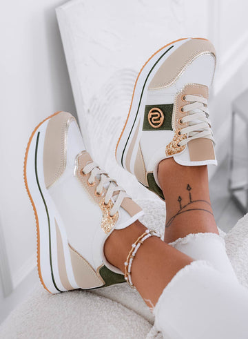 LOPEZ - Beige sneakers with contrasting green panels and gold glitter