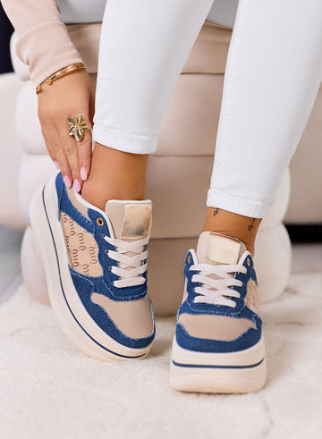 LOREDANA - Blue denim sneakers with beige details and chunky platform sole
