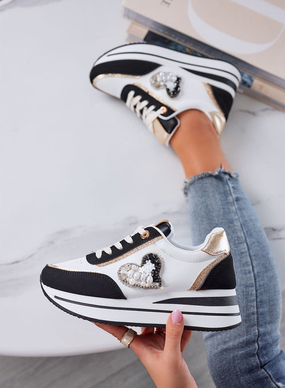 LORELLA - Black and White Sneakers with Gold Details and Jewel Heart Accent