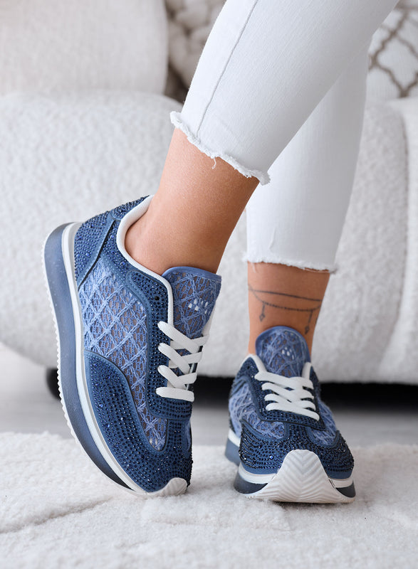 LORENA - Blue Sneakers with Lace and Shiny Rhinestones