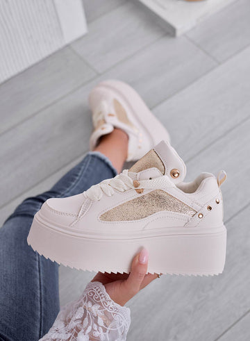 LUCILLA - Beige sneakers with wedge heel and gold laminated inserts