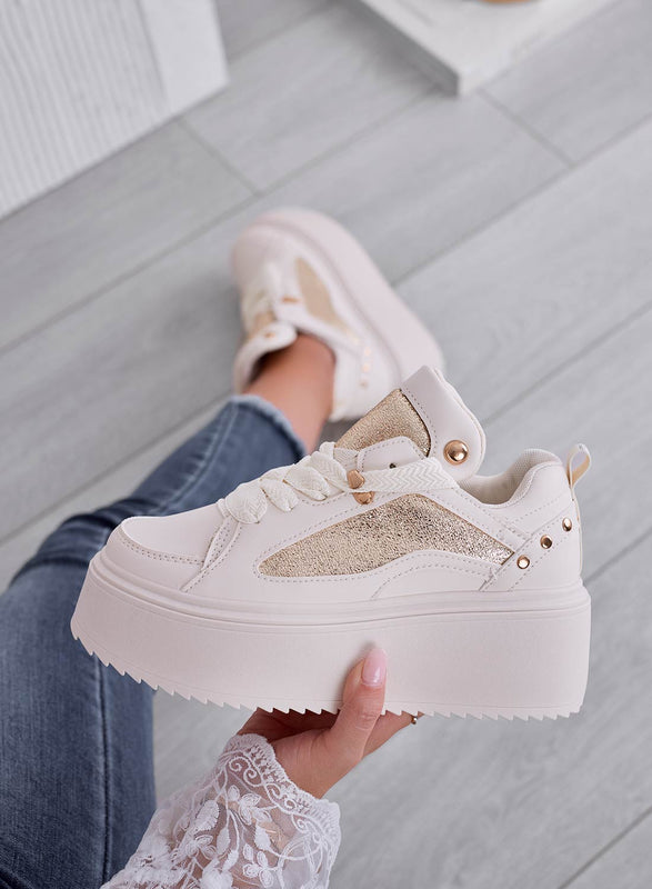 LUCILLA - Beige sneakers with wedge heel and gold laminated inserts