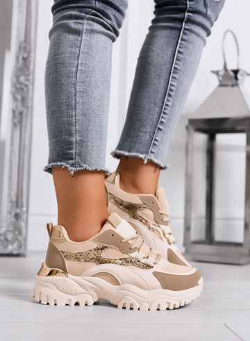 LUCINDA - Chunky beige sneakers with animal print details and high sole
