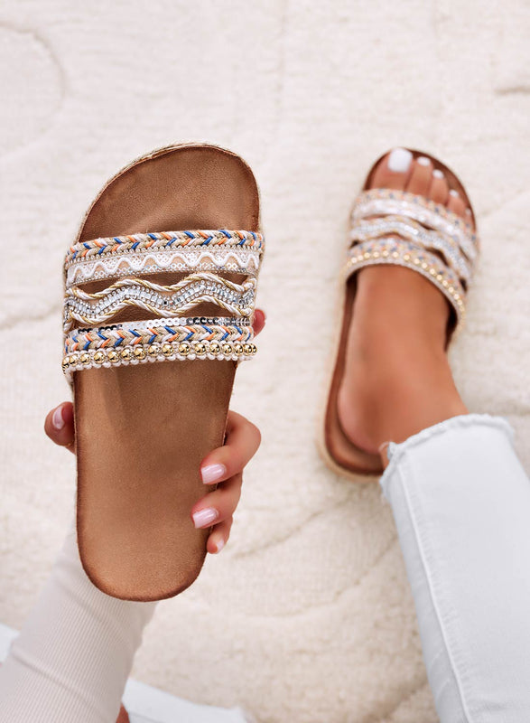 LUCIS - Beige slide sandals with wedge and embroidery