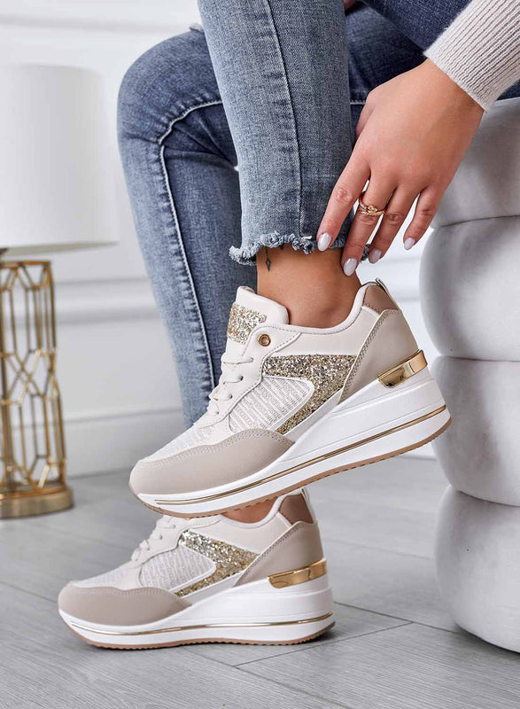 MAGGIE - Beige sneakers with gold glitter inserts