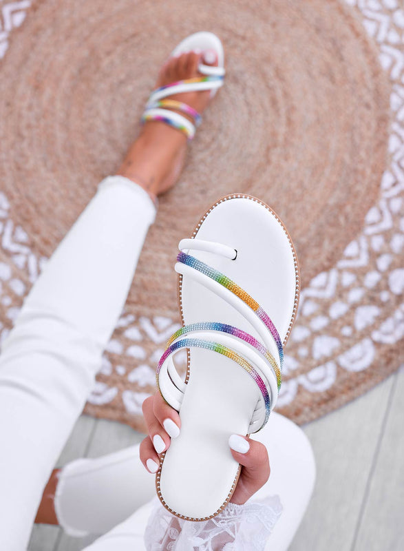 MANDY - White low flip-flop sandals with multicolor jewel bands