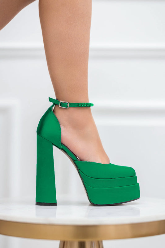 MANILA - Green pumps in satin with high heel and platform and jewel strap